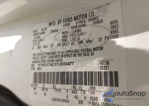 2007 Ford Explorer Eddie Bauer from USA, damaged, VIN 1FMEU74E37UB53477